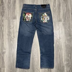 VTG Ed Hardy Christian Audigier Jeans Mens 34x31 Embroidered Skull Japanese Y2K